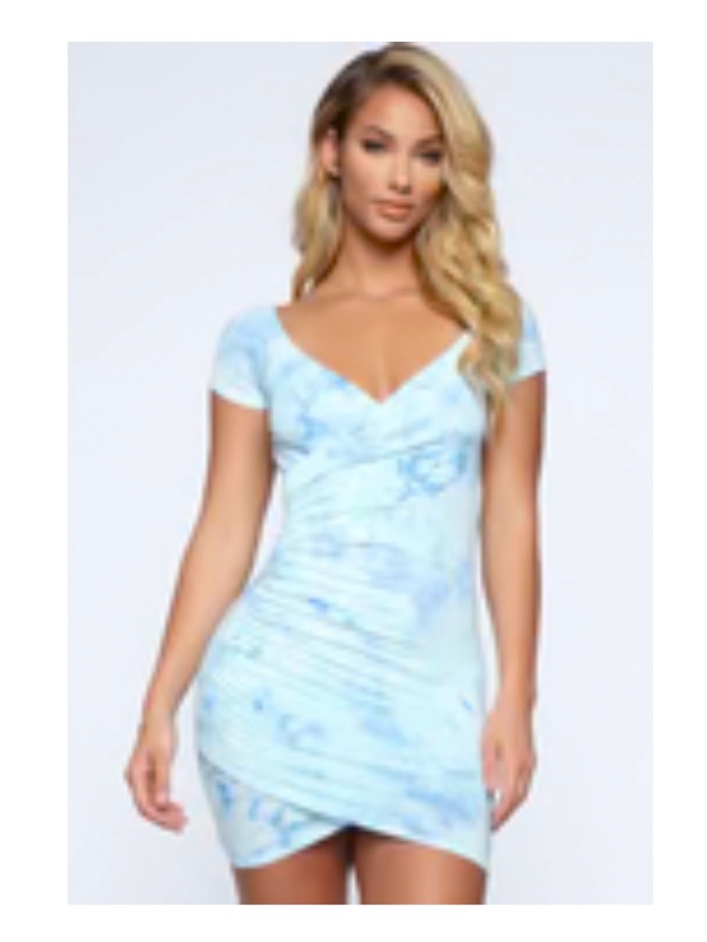 Fashion Nova Light Blue Tie-Dye V Neck Mini Dress